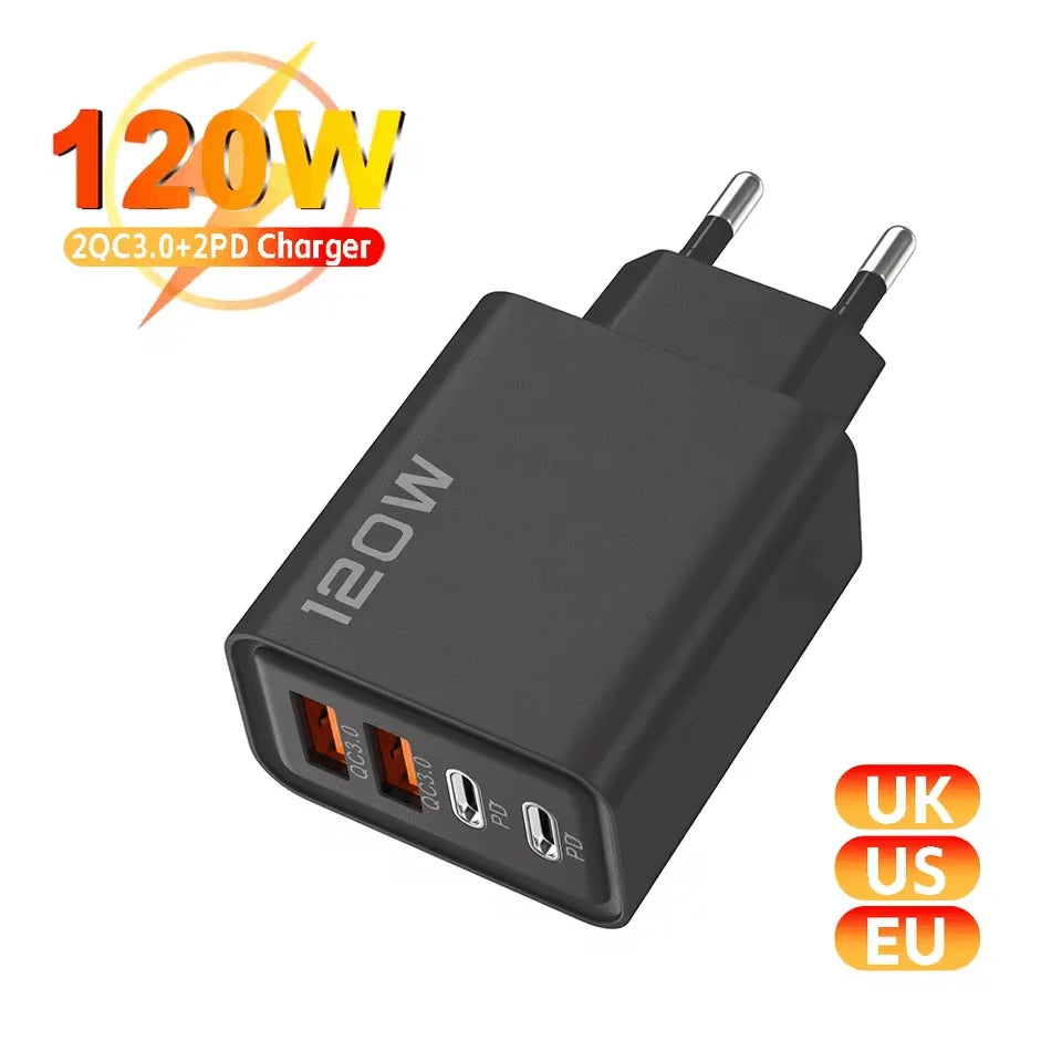 4 Port USB Charger Total 120W Type C Fast Charge Mobile Phone Adapter For iPhone Samsung Xiaomi Huawei Quick Charge Wall Charger
